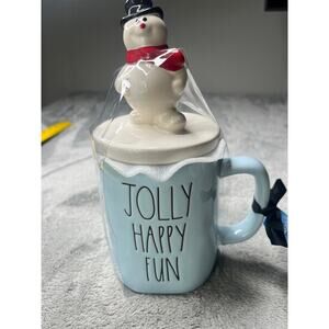 Rae Dunn Frosty the Snowman Jolly Happy Fun Mug with Topper Blue Holiday Ceramic